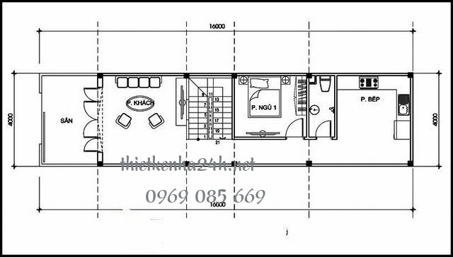Bản vẽ thiết kế tầng 1 nhà 2 tầng 3 phòng ngủ